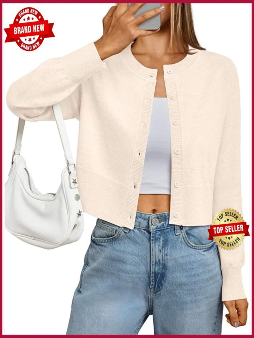 Women Cropped Lightweight Cardigan Crew Neck Long Sleeve Button Down